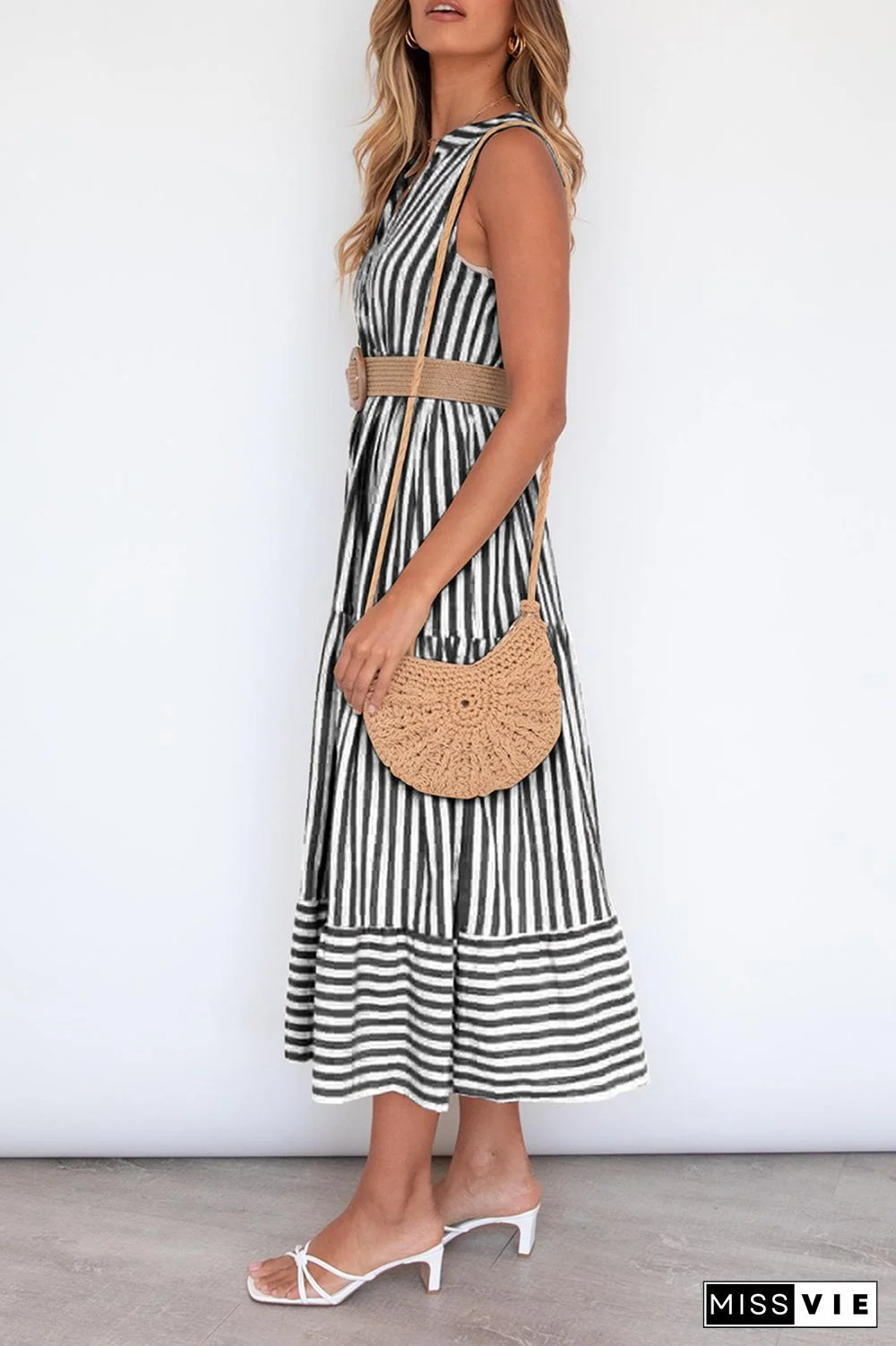 Casual Elegant Striped Flounce Without Belt V Neck A Line Dresses