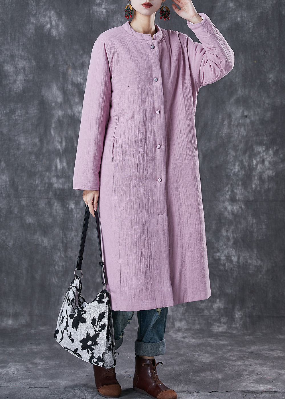 VCSHOES Purple Pockets Thick Cotton Filled Long Coats Winter