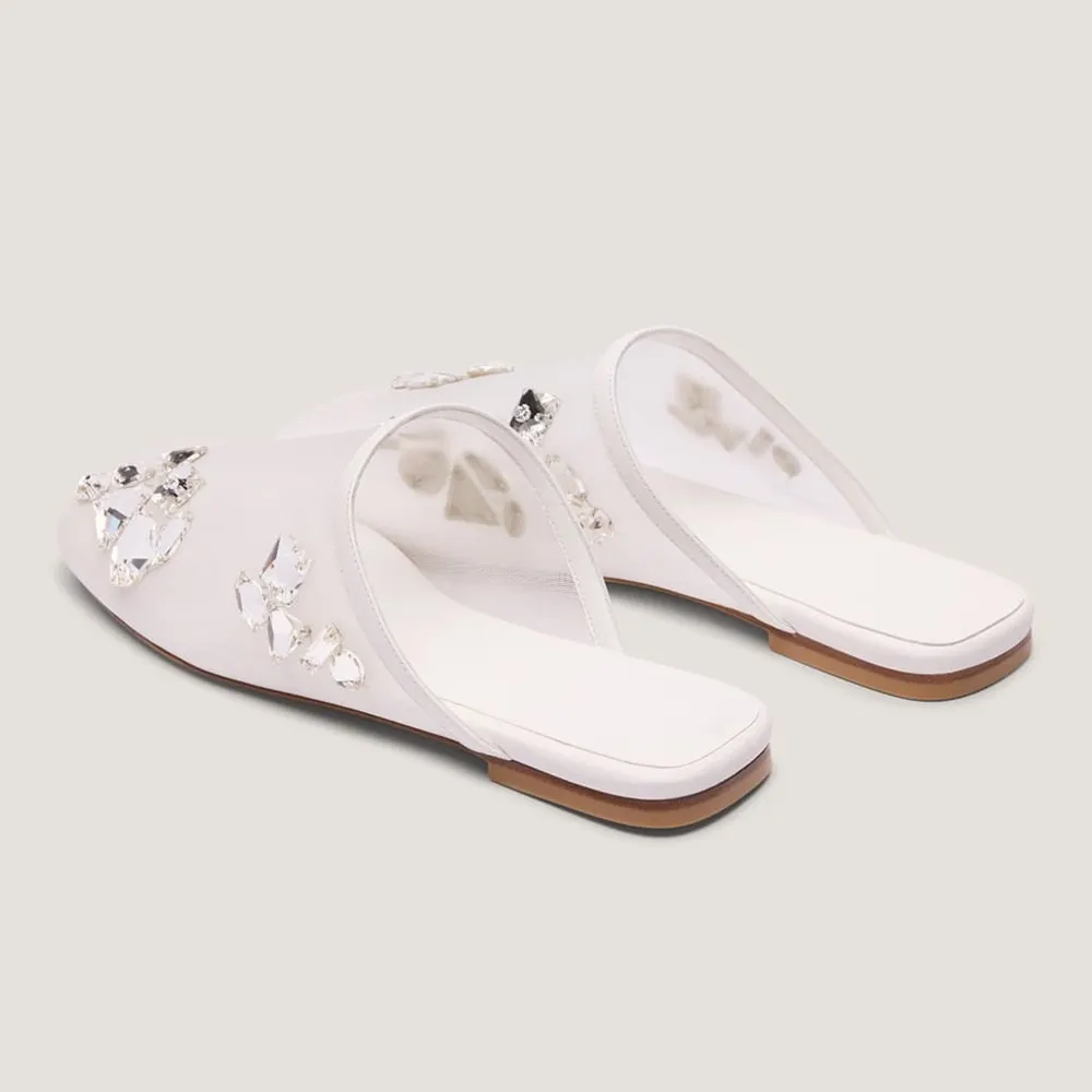 White Mesh Square Toe Slip On Gem Embellishment Flat Mules