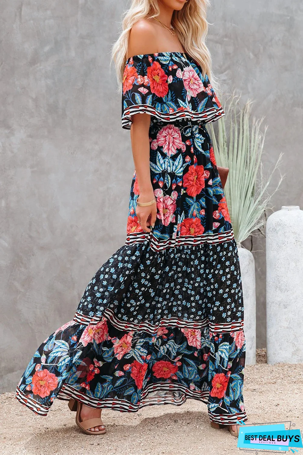 Fashion Street Print Off the Shoulder A Line Dresses(6 Colors)