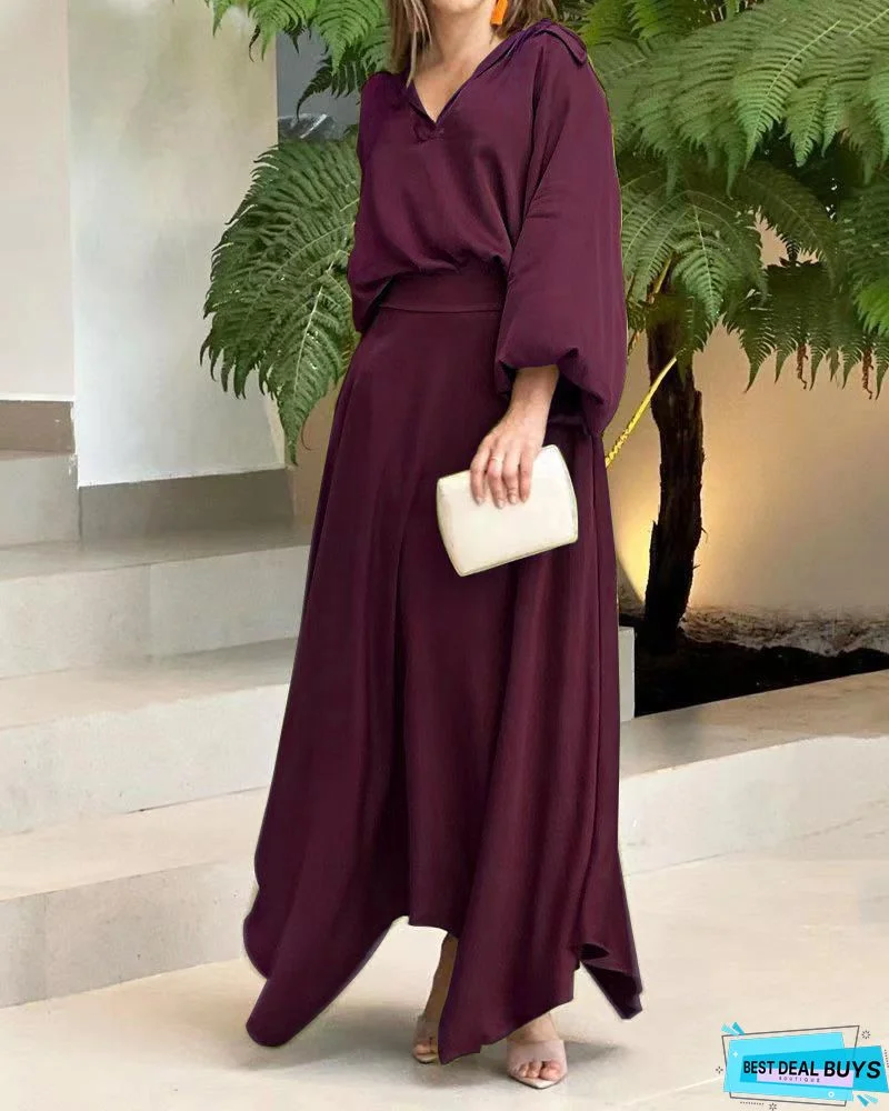 Elegant Urban V Neck Color Block Midi Dress