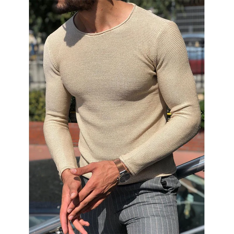 Mongw Mongw Men's Casual Round Neck Sweater Solid Color Slim Long Sleeve Knit Jumper Men's Sweater