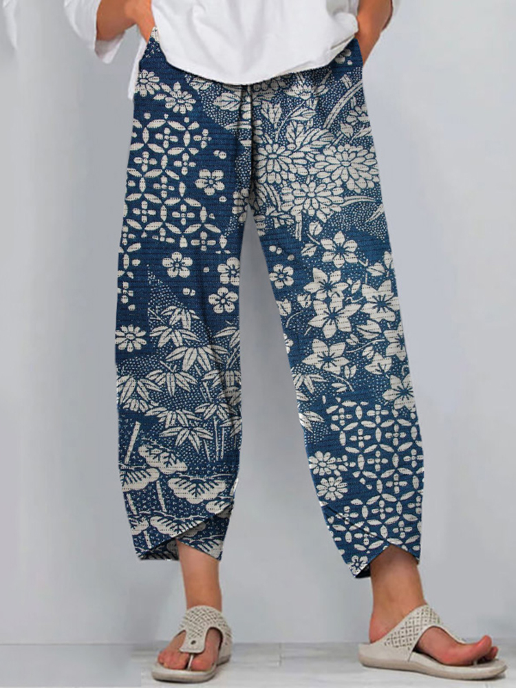 Comstylish Vintage Japanese Art Flower Print Casual Pants