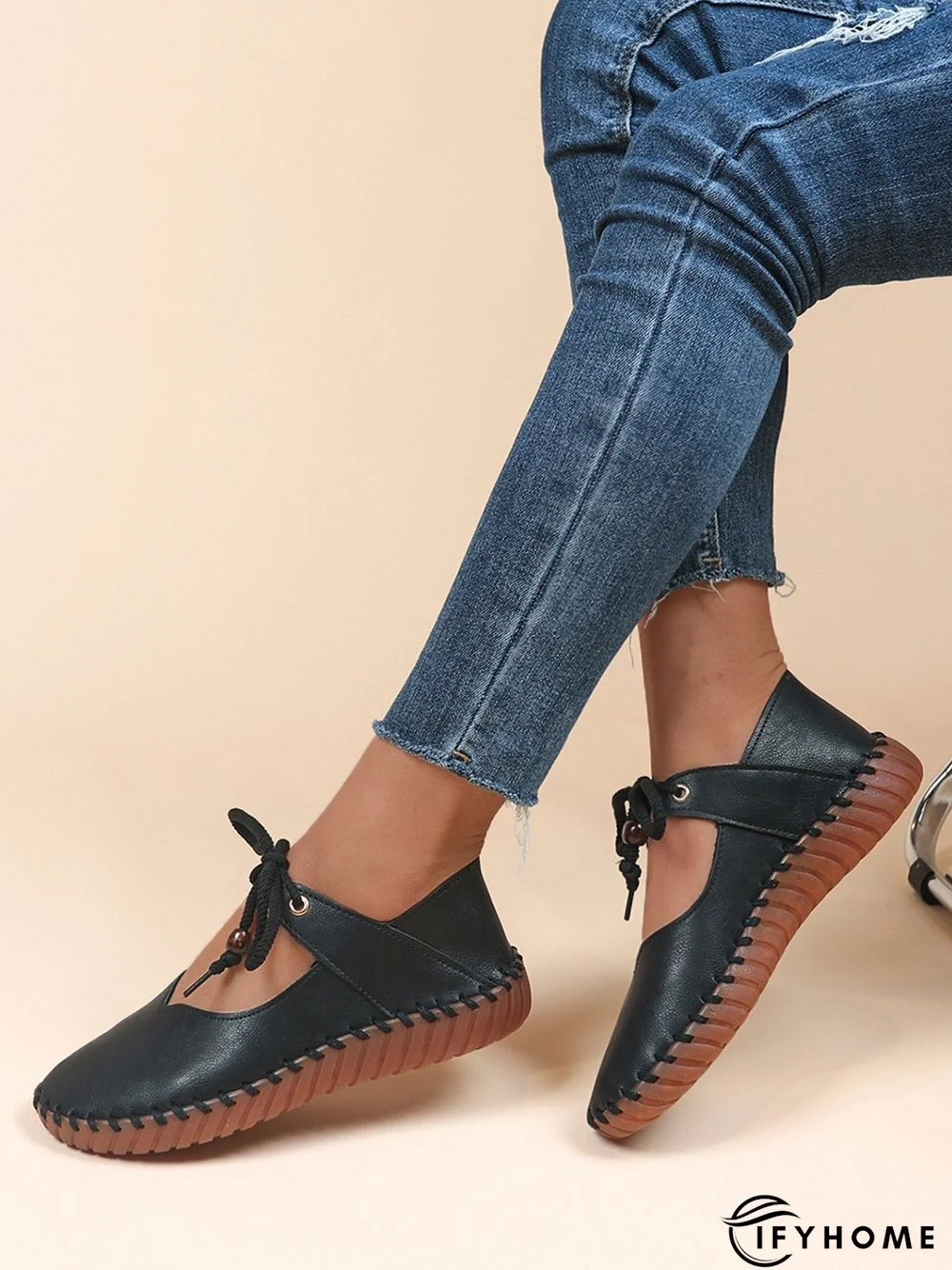 Simple Beading Lace-Up Flat Mary Jane Shoes | IFYHOME