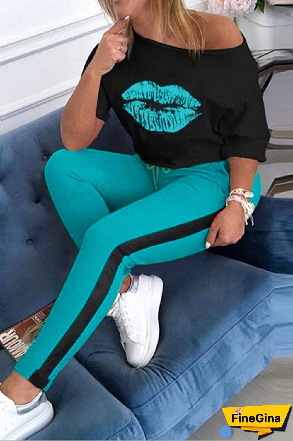 Fashion Casual Lips Printed Basic Oblique Collar Three Quarter Regular Sleeve Regular Two Pieces