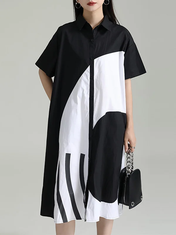 Split-Joint Contrast Color Asymmetric Short Sleeves Loose Lapel Shirt Dress Midi Dresses