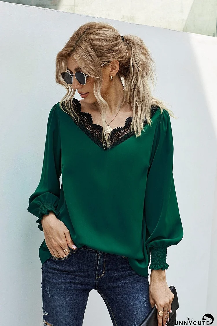 Lace Trim Lantern Sleeve Blouse