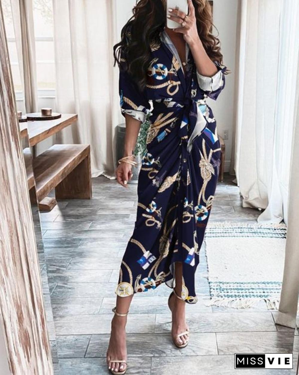 Print Satin Pleated Classy Bandage Shirt Dress