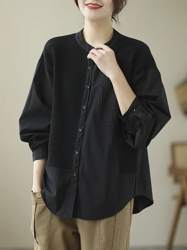Split-Joint Pockets Buttoned Asymmetric Loose Long Sleeves Round-Neck Blouses&Shirts Tops