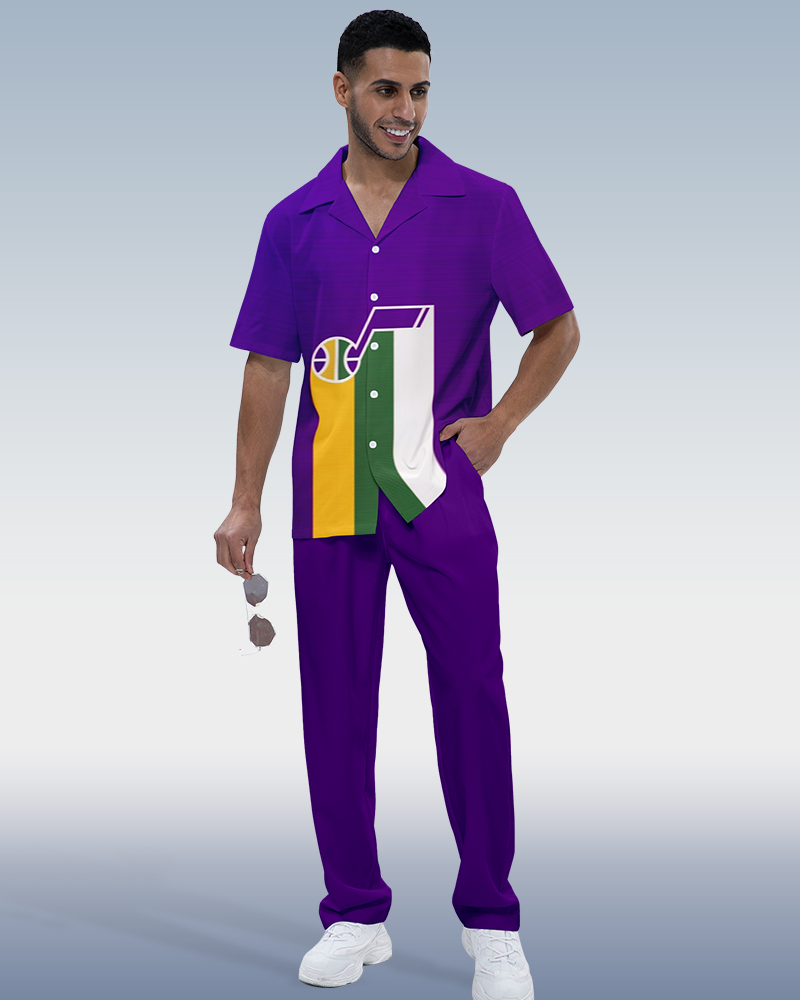 Men's Colorblock Music Print Short Sleeve Shirt Walking Set 557