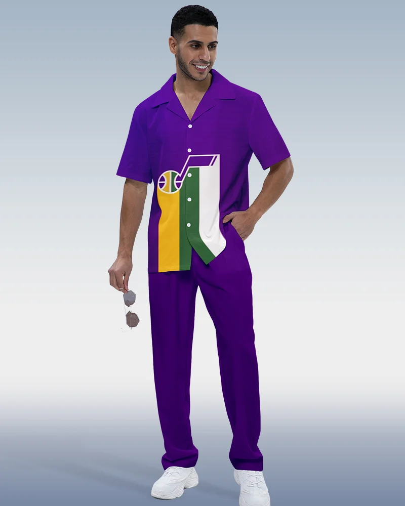 Men's Colorblock Music Print Short Sleeve Shirt Walking Set 557