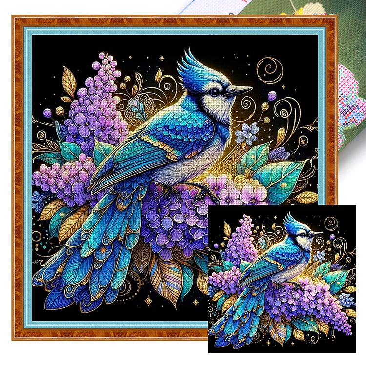 Blue Bird Flowers (40*40cm) 11CT Stamped Cross Stitch gbfke