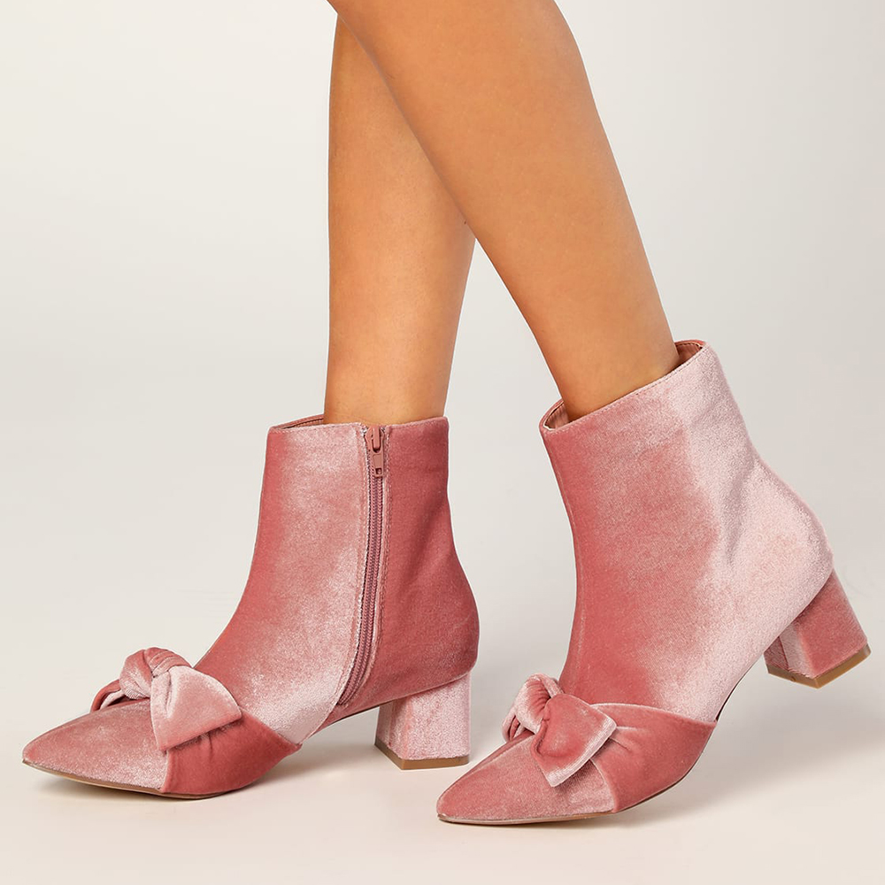 Cute Pink Velvet Chunky Heel Bowknot Ankle Boots with Pearl Nicepairs