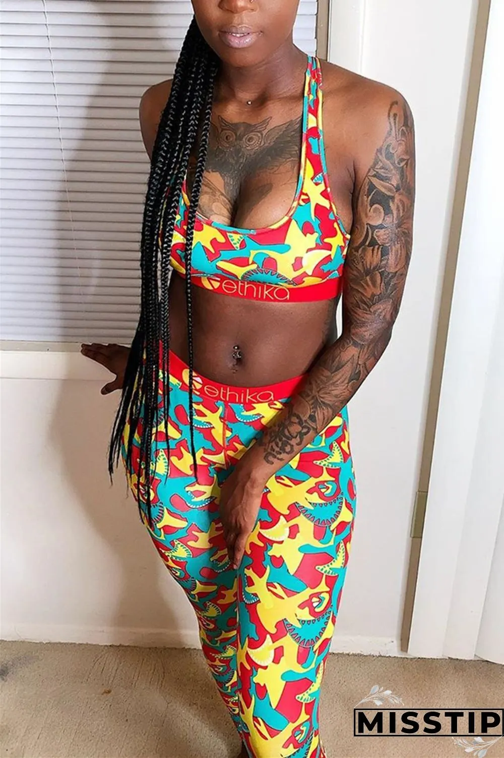 Yellow Fashion Sexy Printed Vest Trousers Set