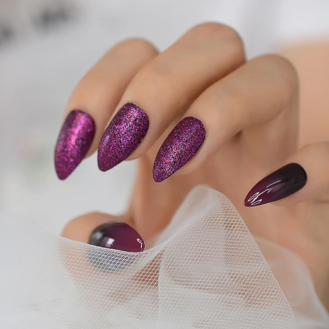 24pcs Fake Press On Nails Set Stiletto Medium Length Artificial Nails With Design Glitter Reusable Nail Tips Purple Queen-Nail Inspo
