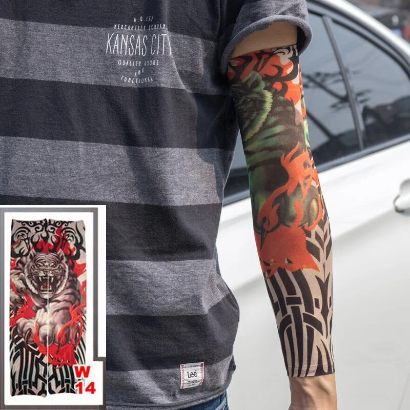 1pc hot sale tattoo sleeve styles elastic Fake 100%nylon Arm stocking beloved girl Buddha Wolf Dragon design halloween cool men