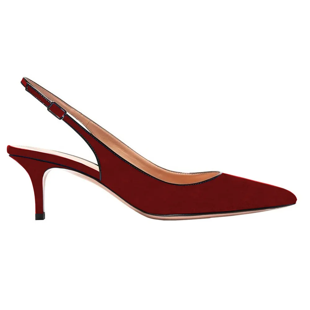 Women's Pointed Toe Slingback Shoes Kitten Heel Pumps Comfortable Dress Red Suede Shoes-vocosishoes
