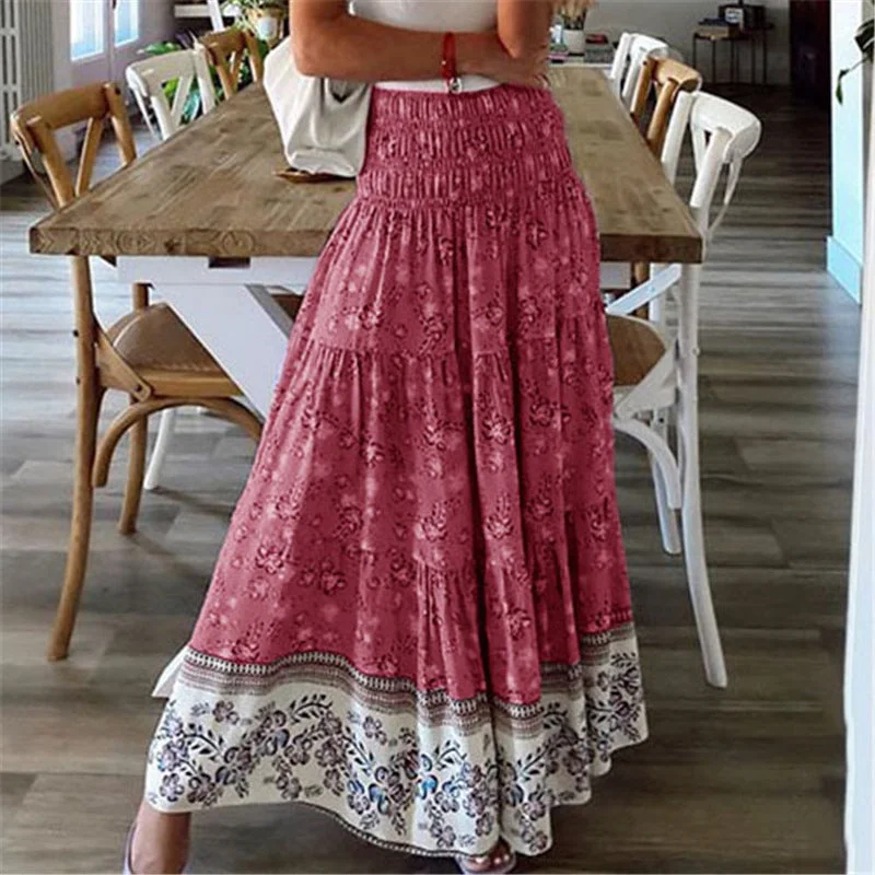 Brownm Printed Polyester Fiber Casual High Waist Long Skirt