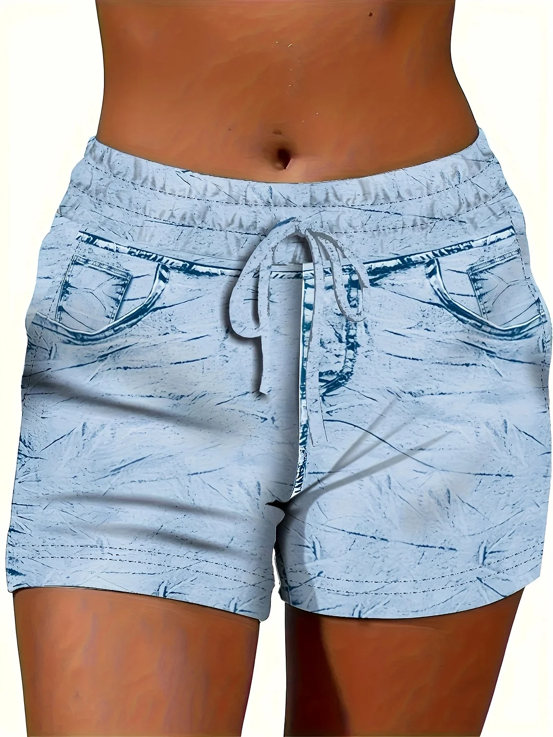 Women's Light Blue Denim Print Drawstring Shorts - Stretchy Casual Summer Shorts With Pockets, Mid-Thigh Length, Fashionable Women's Shorts | Midthigh Shorts | Glossy Fini | IFYHOME