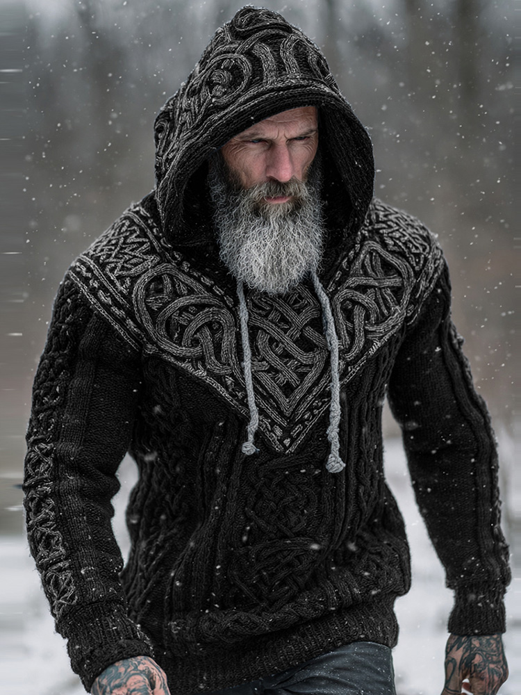 Men's Viking Tribal Jacquard Celtic Knotwork  Inspired Chunky Knit Hooded Sweater  artssus