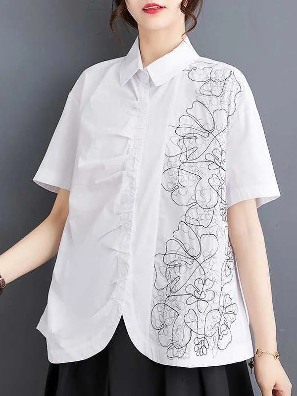 Pleated Embroidered Buttoned Short Sleeves Loose Lapel Collar Blouses&Shirts Tops