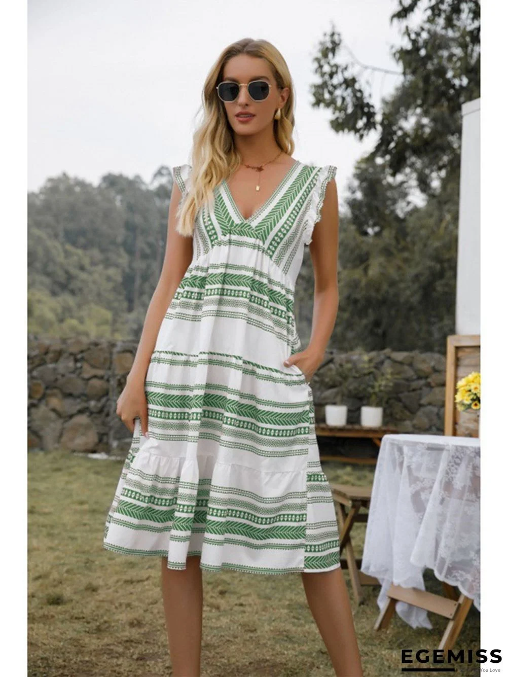 Bohemian V-neck Pocket Striped Dress | EGEMISS
