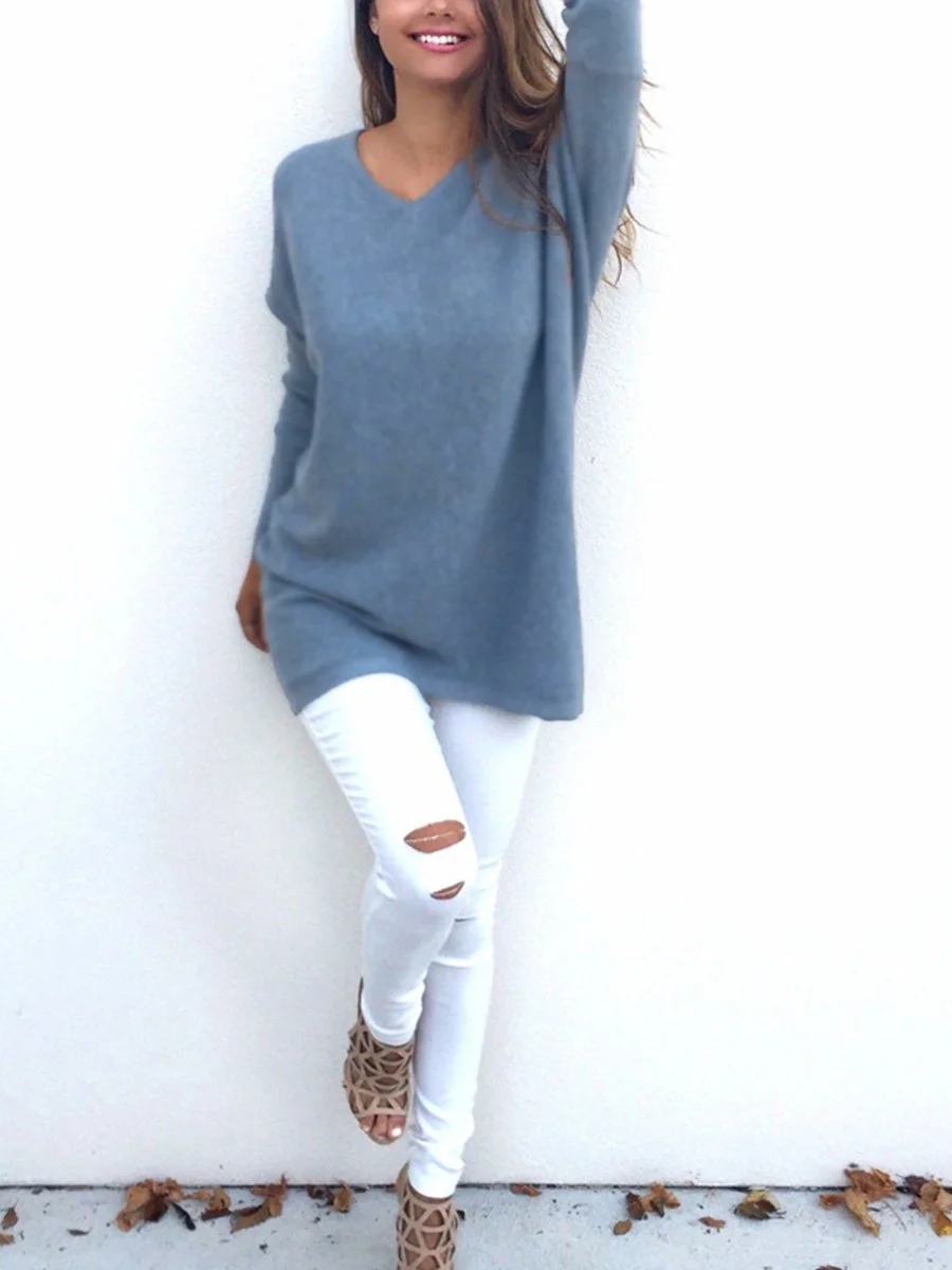 Fashion V-neck Long Sleeve Loose Casual Sweater