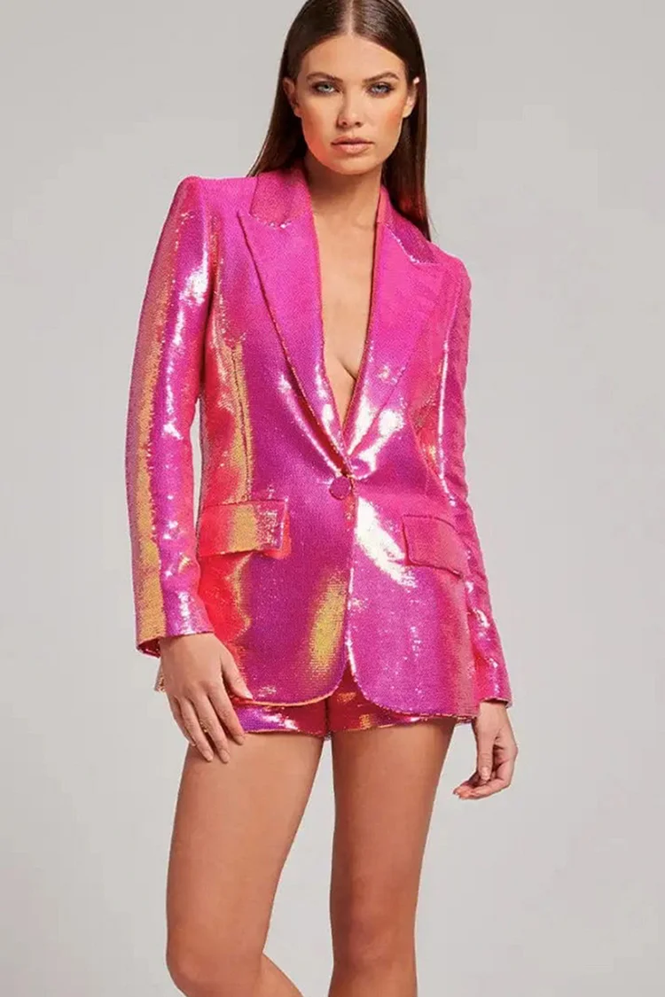 Party Lapel Blazer Sequin Two Pieces Shorts Set-Rose Pink