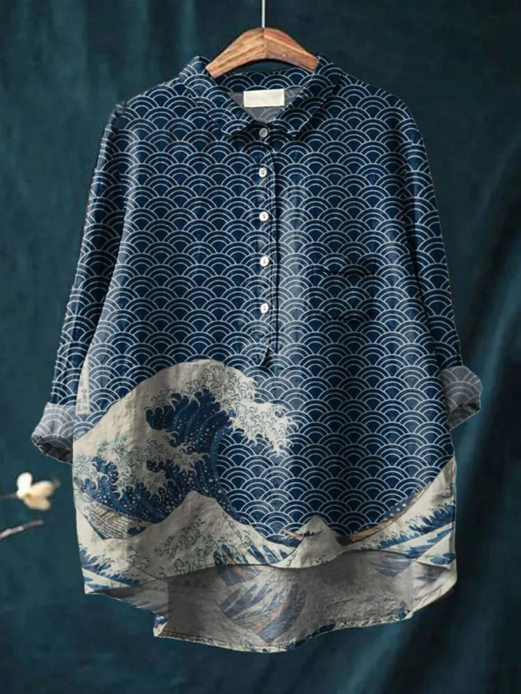 Womens Great Wave Off Kanagawa Inspires Japanese Art Print Casual Cotton And Linen Shirt