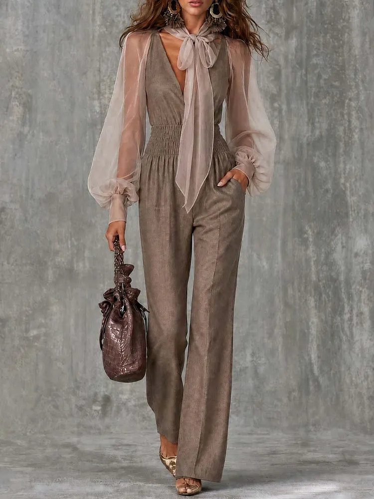 Boho Tie Neck Sheer Puff Long Sleeve Smocked Waist Pocket Wide Leg Jumpsuit