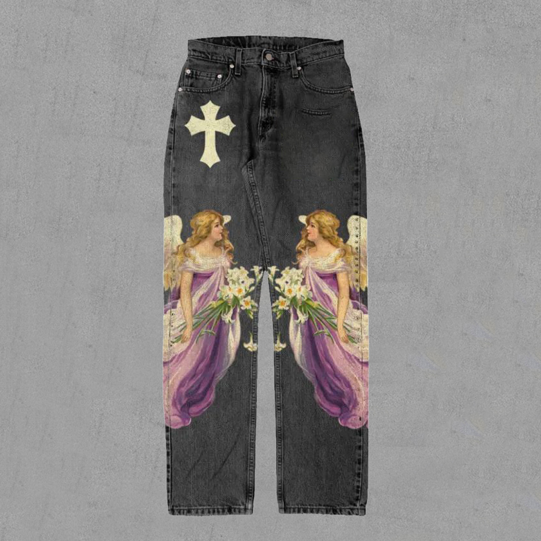 Eros Cross Print Casual Street Jeans