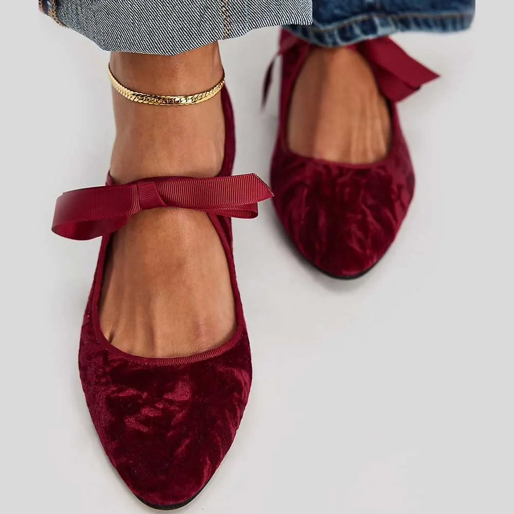 YDN Elegant Burgundy Velvet Round Toe Lace-Up Ballet Flats