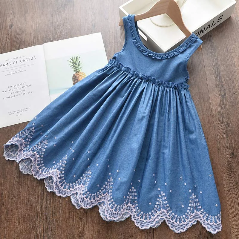 Bear Leader Girls Dresses Kids Princess Dress Ruffle V-neck Denim Dress Kids Clothes Embroidery Toddler Girls Children Suit