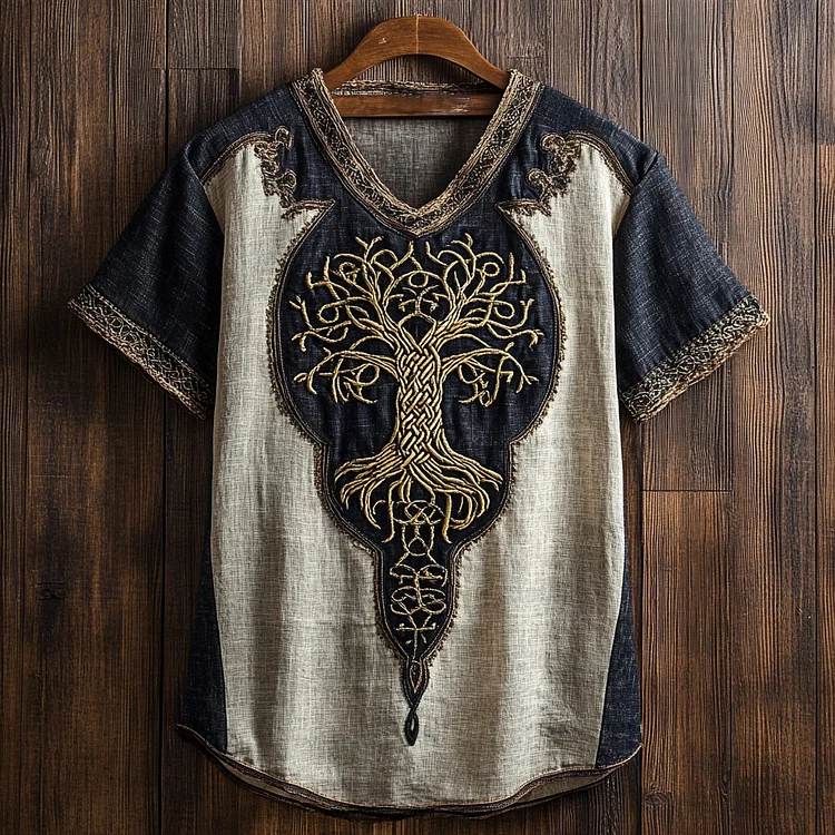 Men's Viking Celtic Knot Tree Of Life Art V-neck Linen Shirt
