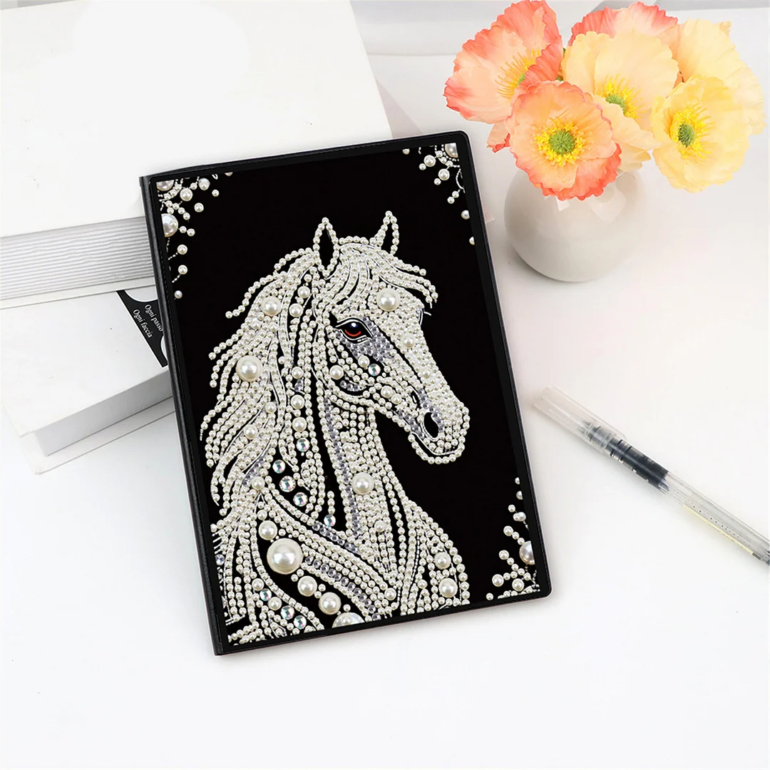 Horses Partial Pearl DIY 50 Pages A5 Diamond Painting Notebook Special Shaped Diamond Art Diary Book Kits Wireless Strip 5D Crystal Art Paintings Sketchbook for Art Drawing