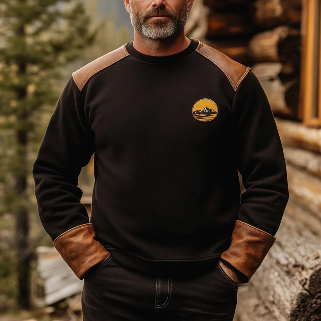 Men's Vintage Mountain Paneled Leather Crew Neck Long Sleeve Sweatshirt