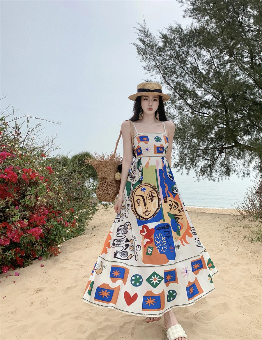 Zingj Zingj Print One Word Shoulder Sleeveless Beach Dress Beach Holiday Show Thin Strapless Sling Dress Female Summer