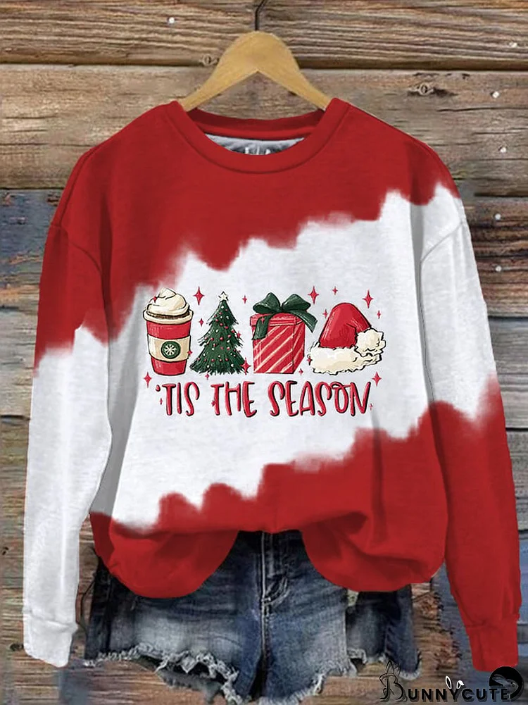 Women's Red "TIS THE SEASON" Printed Round Neck Long Sleeve Sweatshirt