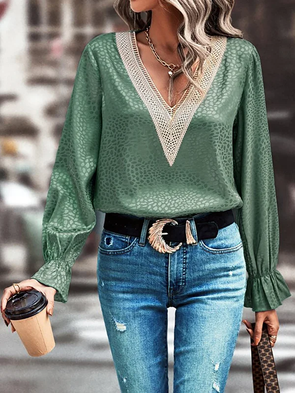 Split-Joint Leopard Jacquard Hollow Elasticity Ruffle Sleeves Loose V-Neck Blouses&Shirts Tops