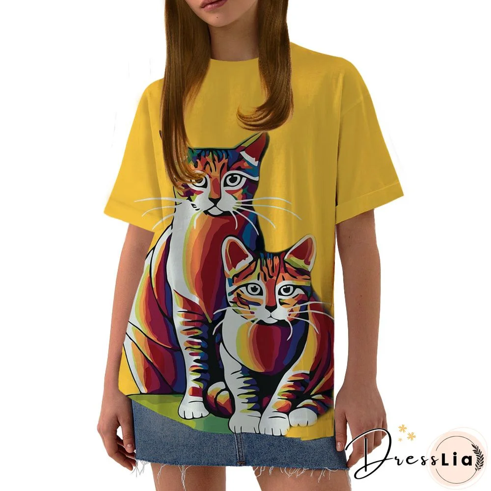 Summer Cat Print T Shirt Women Loose Short Sleeve V Neck Casual T Shirt Top Cute Summer Elegant T Shirt