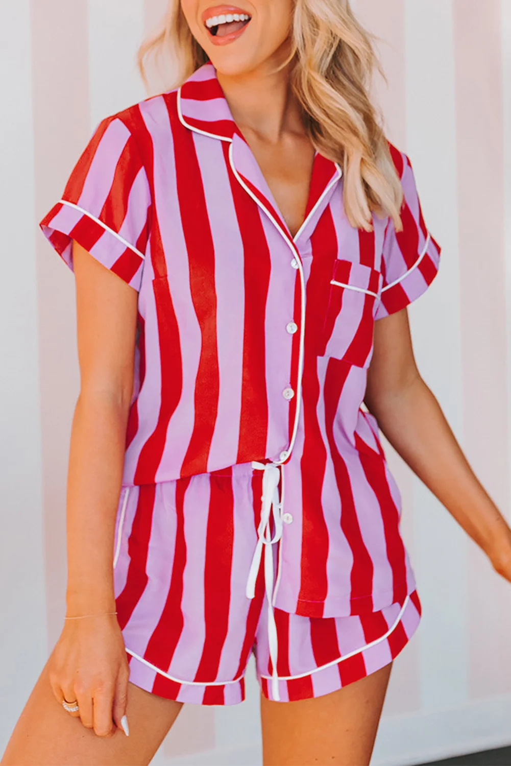 Red Color Block Striped Short Sleeve Pajamas Set | IFYHOME