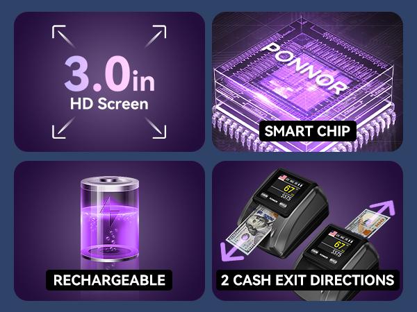 Product Introduction of PONNOR AL-135T Counterfeit Bill Detector Money counting Checker Machine with 3" Digital Screen, Total Value Add Function, 4-Way Orientation & Pass/Fail Indicator Mode, Compatible with USD/EUR/CAD/MXN 8