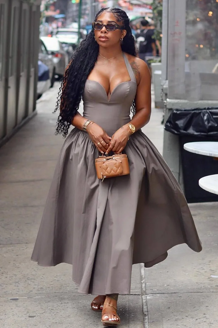 Halter Neck Cinch Waist Solid Color Maxi Dresses-Grey