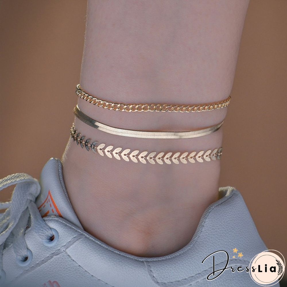 3Pcs Vintage Boho Minimalist Leaves Anklets Ladies Beach Party Ankle Bracelet