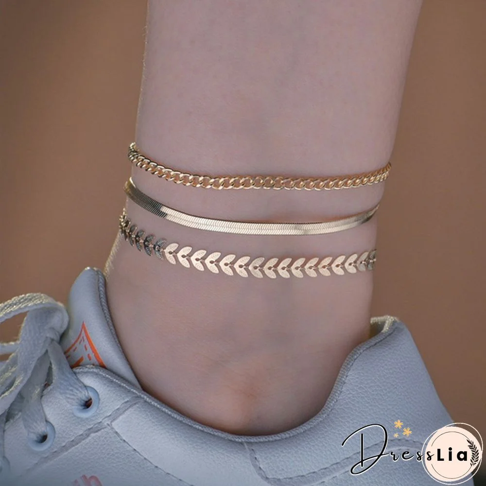 3Pcs Vintage Boho Minimalist Leaves Anklets Ladies Beach Party Ankle Bracelet