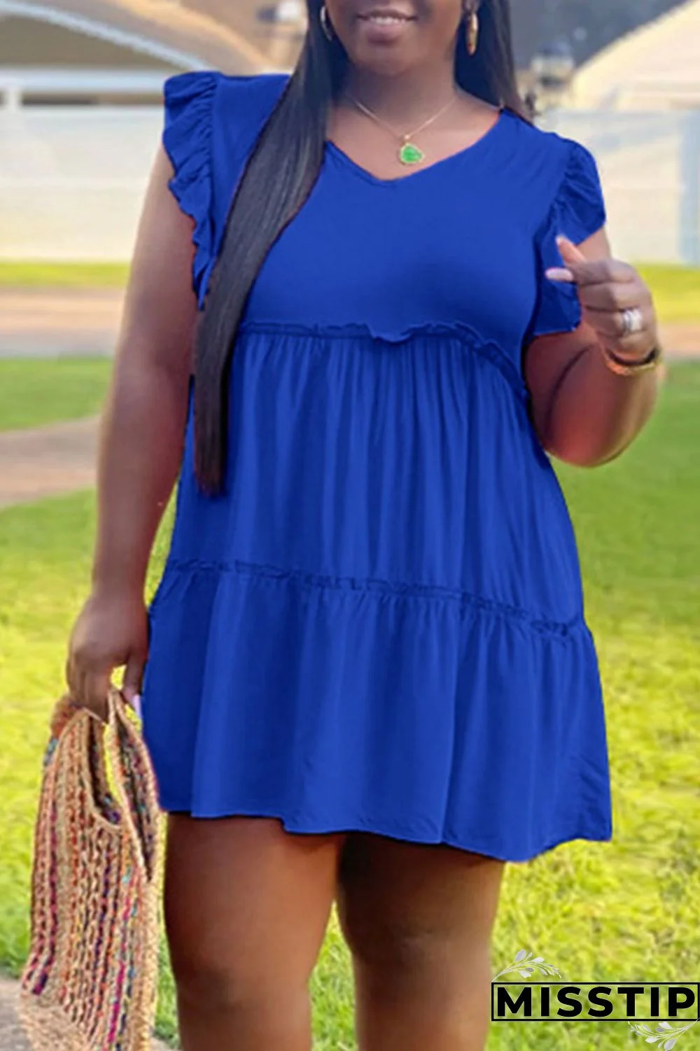 Blue Casual Solid Patchwork Fold Stringy Selvedge V Neck A Line Plus Size Dresses