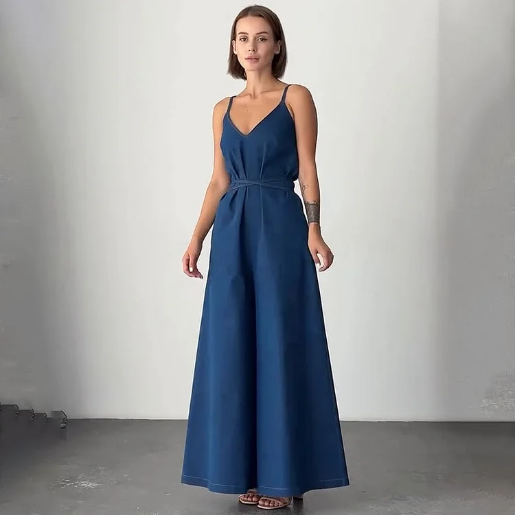 Women's V-neck Suspender Waist Denim Jumpsuit