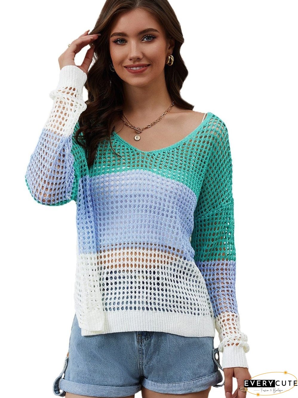 Colorful Eyelet Twist Back Knit Top with Long Sleeves