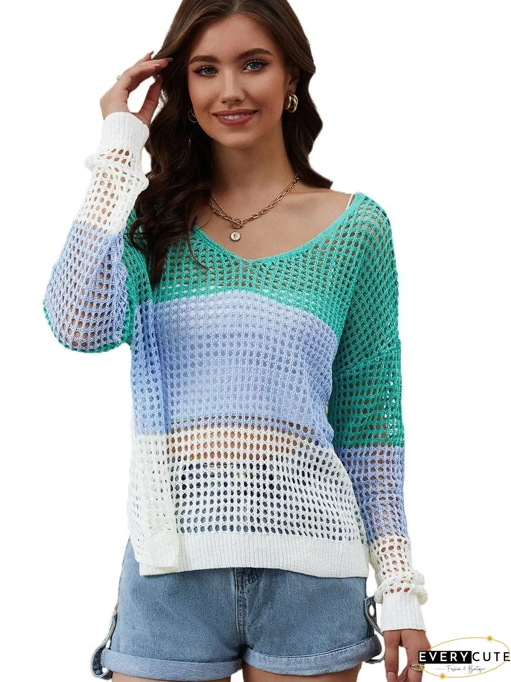 Colorful Eyelet Twist Back Knit Top with Long Sleeves