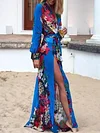 Chiffon Floral-Print Long Sleeve Deep V Neck Side Split Maxi Dress